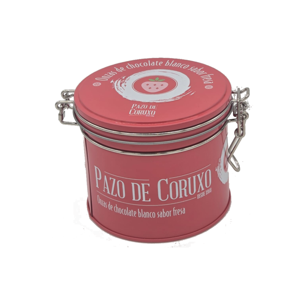 Lata de onzas de chocolate blanco sabor fresa de Pazo de Coruxo
