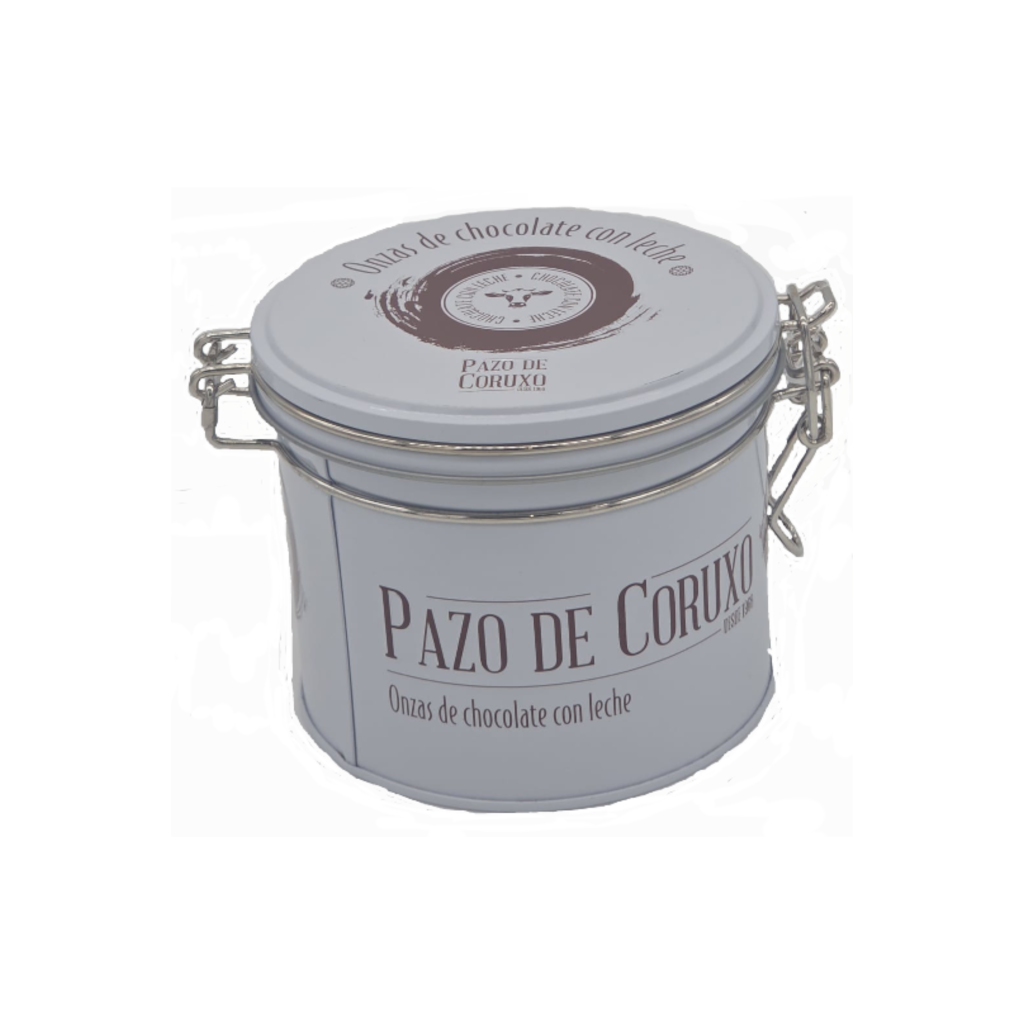 Lata de onzas de chocolate con leche de Pazo de Coruxo