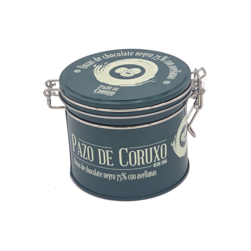Lata de onzas de chocolate negro 75% con avellanas de Pazo de Coruxo