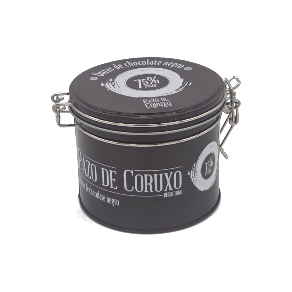 Lata de onzas de chocolate negro 75% de Pazo de Coruxo