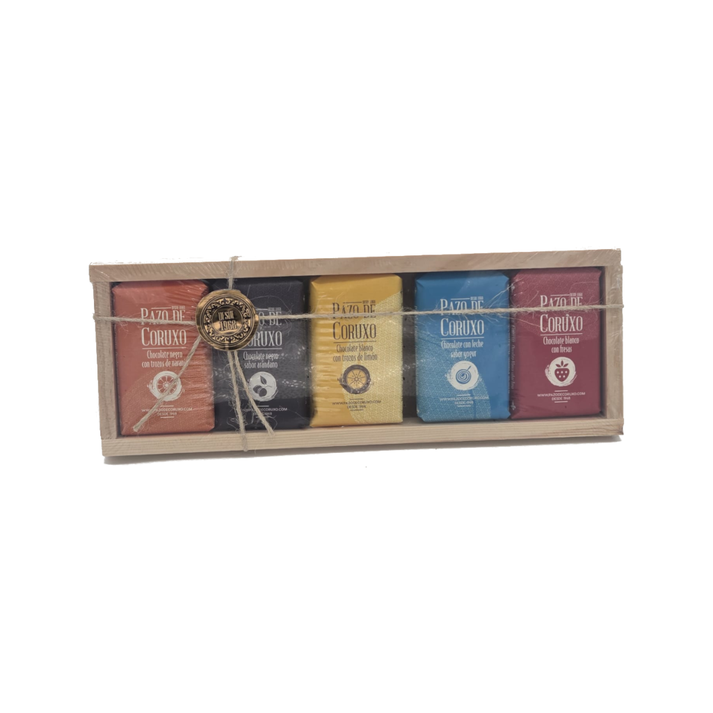 Estuche de madera surtido 5 chocolates con frutas y yogur de Pazo de Coruxo